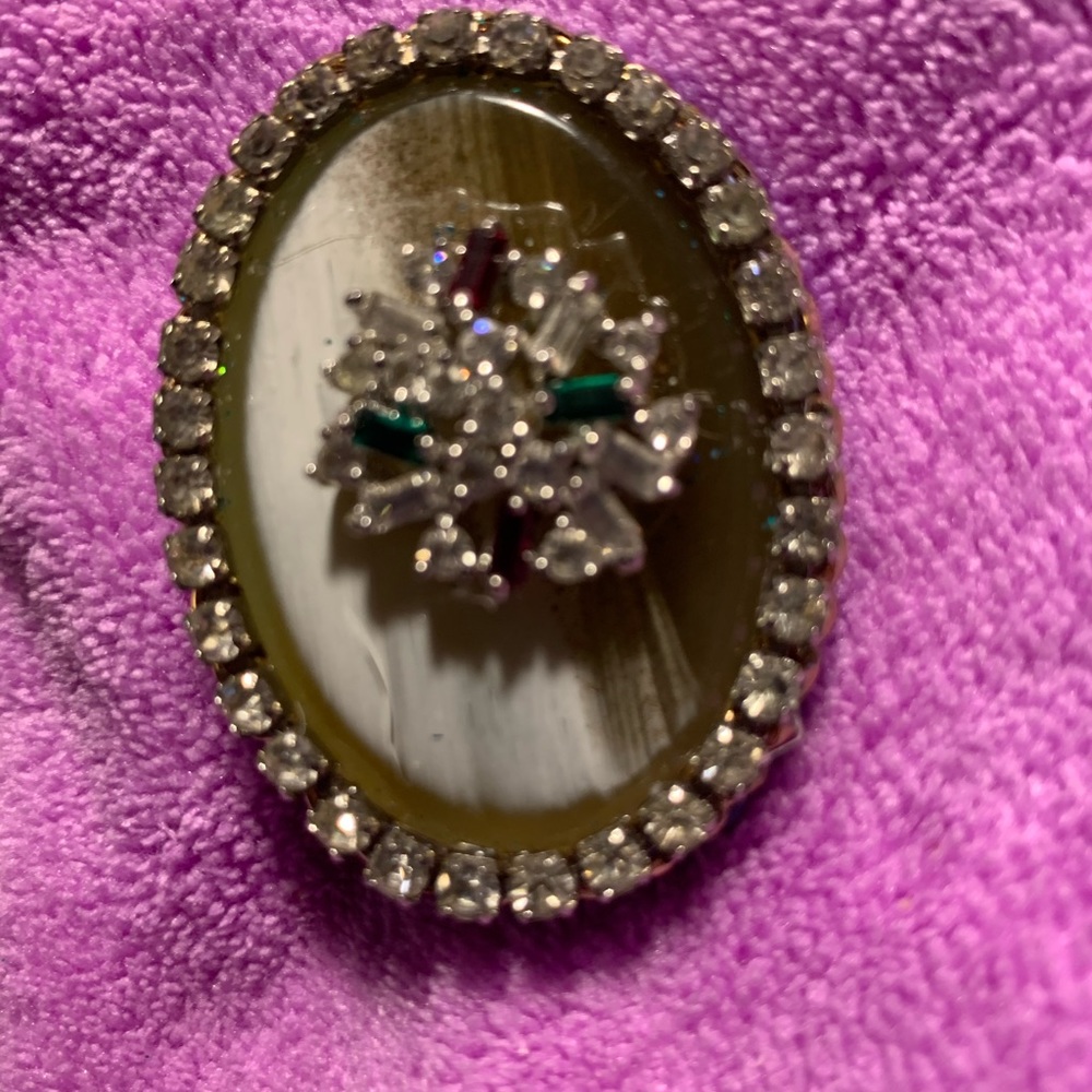 Jan Byers-Oval shaped Brooch. Made with brown and white chalechory + rhinestones